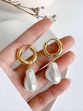 Anthropologie Irregular Pearl Huggie Hoop Earrings